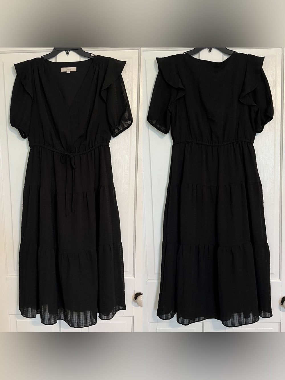 LOFT black midi dress tiered tie waist ruffle sleeve